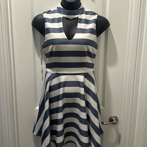 A-line blue and white dress.